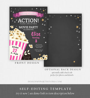 Editable Movie Night Birthday Invitation Pink Girl Movie Invite Cinema Party Backyard Movie Popcorn Download Printable Template Corjl 0182
