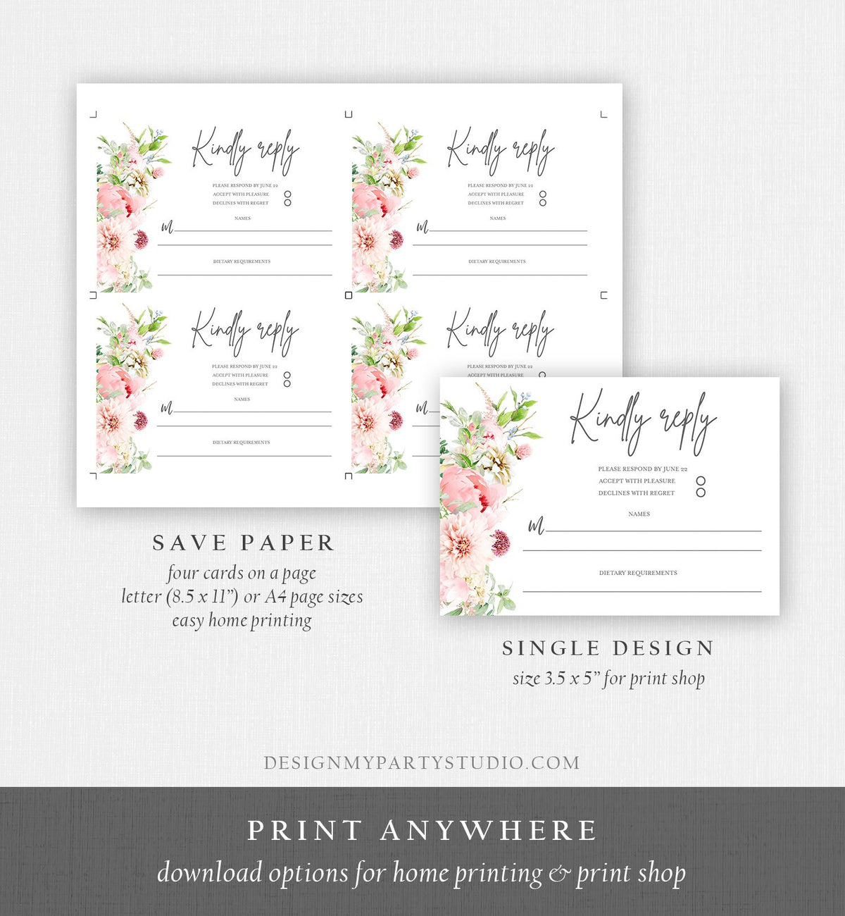 Editable Botanical Flowers Wedding Invitation Suite Set Watercolor Peony Pink Floral RSVP Details Boho Digital Corjl Template Printable 0167