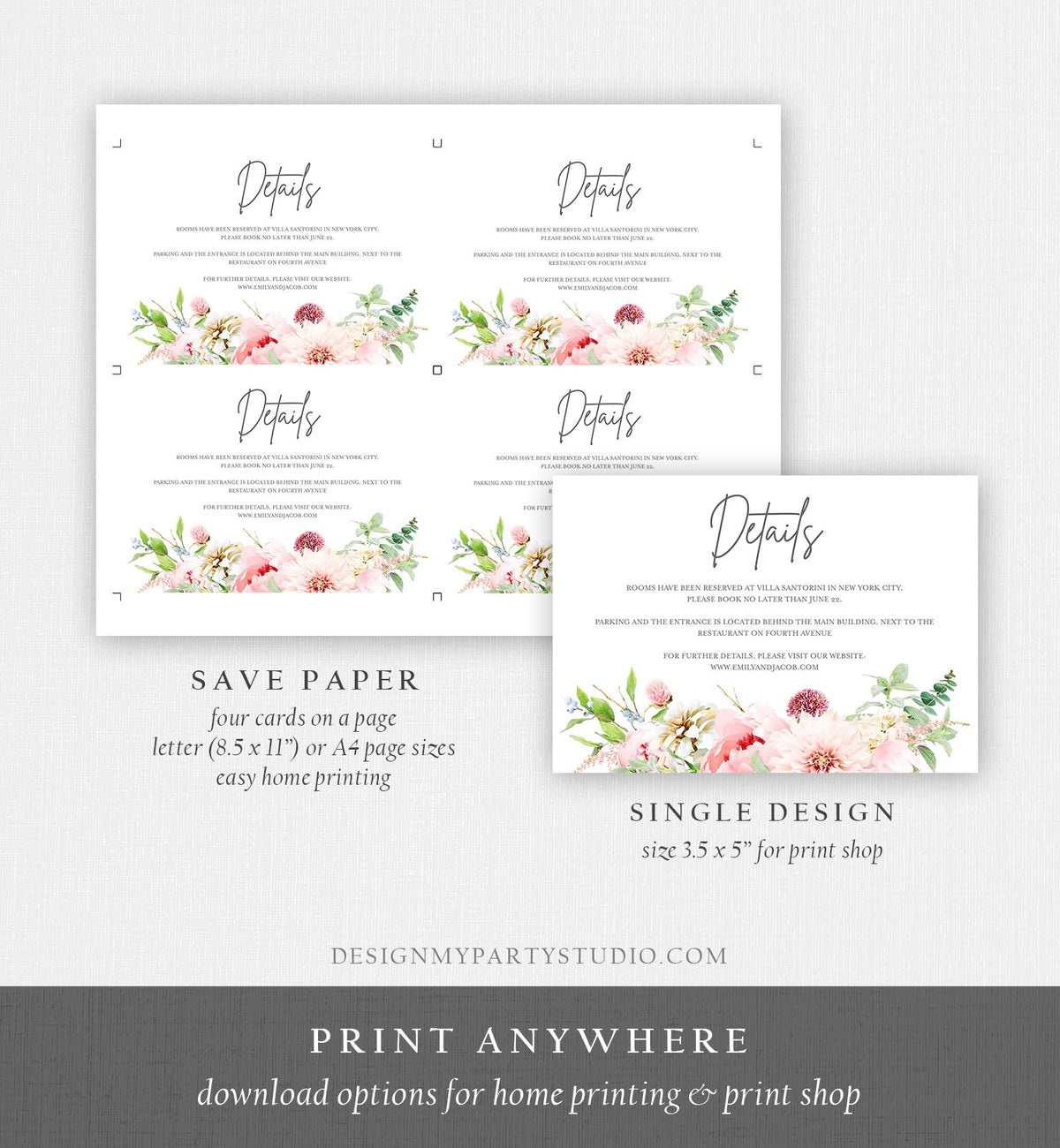 Editable Botanical Flowers Wedding Invitation Suite Set Watercolor Peony Pink Floral RSVP Details Boho Digital Corjl Template Printable 0167