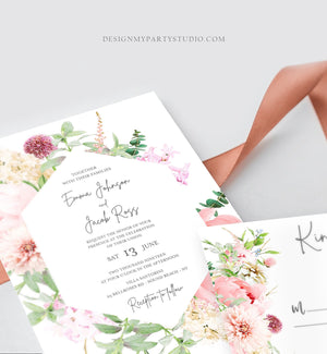 Editable Botanical Flowers Wedding Invitation Suite Set Watercolor Peony Pink Floral RSVP Details Boho Digital Corjl Template Printable 0167