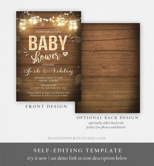 Editable Baby Shower Invitation Rustic Wood Lights Jars Coed Shower Sprinkle BBQ Gender Neutral Download Corjl Template Printable 0015