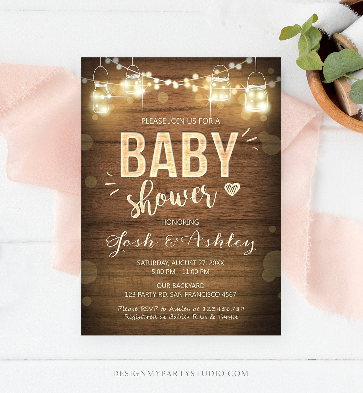 Editable Baby Shower Invitation Rustic Wood Lights Jars Coed Shower Sprinkle BBQ Gender Neutral Download Corjl Template Printable 0015
