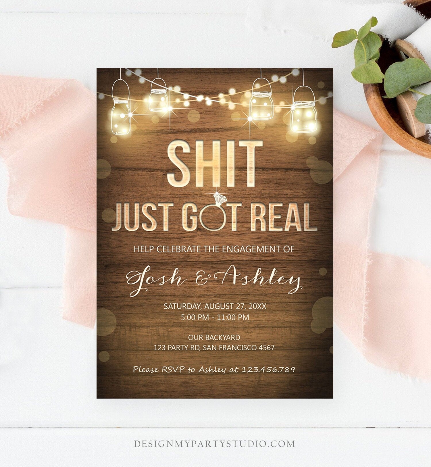 Editable Just Got Real Engagement Party Invitation Couples Shower Rustic Wood String Lights Instant Download Corjl Template Printable 0015