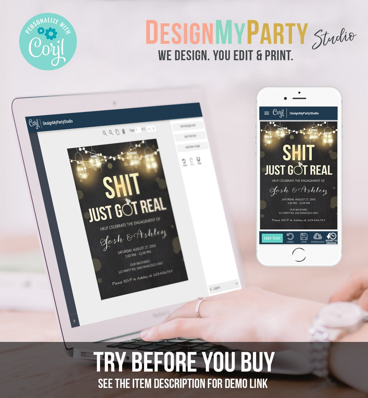 Editable Just Got Real Engagement Party Invitation Couples Shower Rustic Wood String Lights Chalk Download Corjl Template Printable 0015