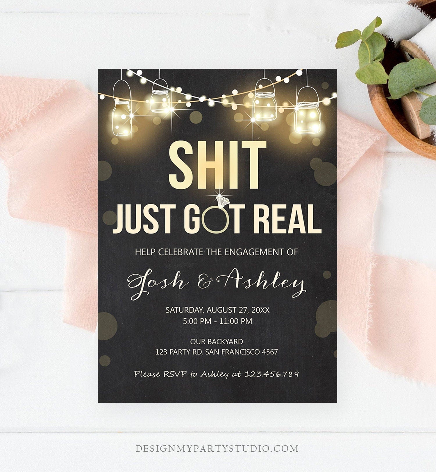Editable Just Got Real Engagement Party Invitation Couples Shower Rustic Wood String Lights Chalk Download Corjl Template Printable 0015