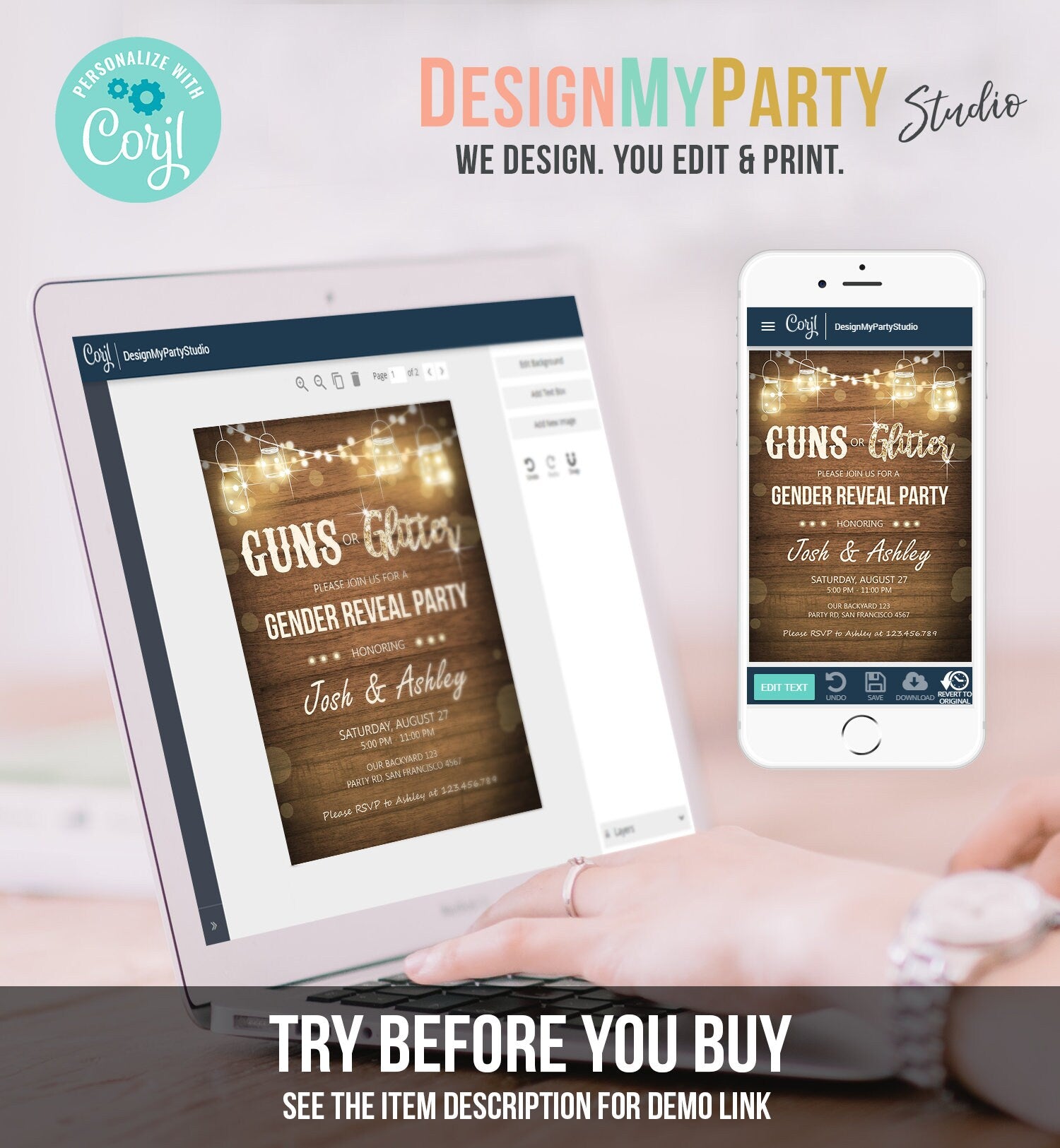 Editable Guns or Glitter Gender Reveal Invitation Baby Shower Boy Girl He or She Western Rustic Wood Digital Evite Template Printable 0015