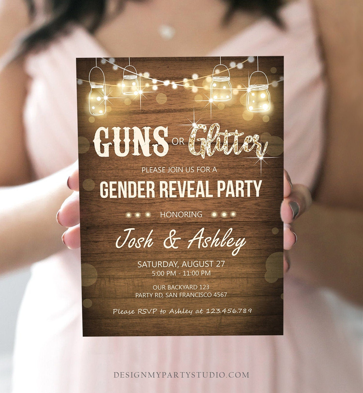 Editable Guns or Glitter Gender Reveal Invitation Baby Shower Boy Girl He or She Western Rustic Wood Digital Evite Template Printable 0015