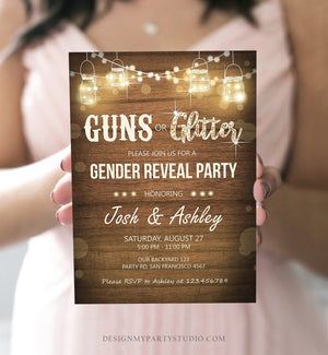 Editable Guns or Glitter Gender Reveal Invitation Baby Shower Boy Girl He or She Western Rustic Wood Download Corjl Template Printable 0015