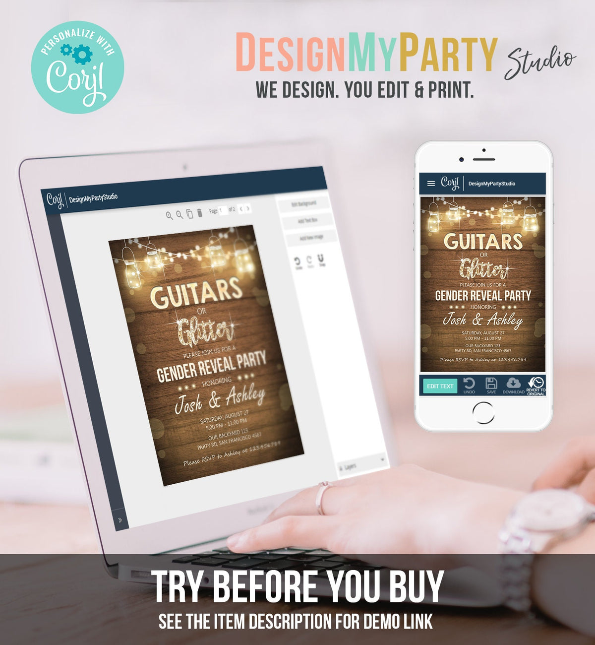 Editable Guitars or Glitter Gender Reveal Invitation Baby Shower Boy or Girl He or She Rustic Wood Digital Download Template Printable 0015