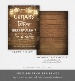Editable Guitars or Glitter Gender Reveal Invitation Baby Shower Boy or Girl He or She Rustic Wood Download Corjl Template Printable 0015