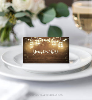 Editable Rustic Wood Food Label String Lights Rustic Boho Table Tent Card Escort Card Buffet Wedding Bridal Baby Shower Corjl Template 0015