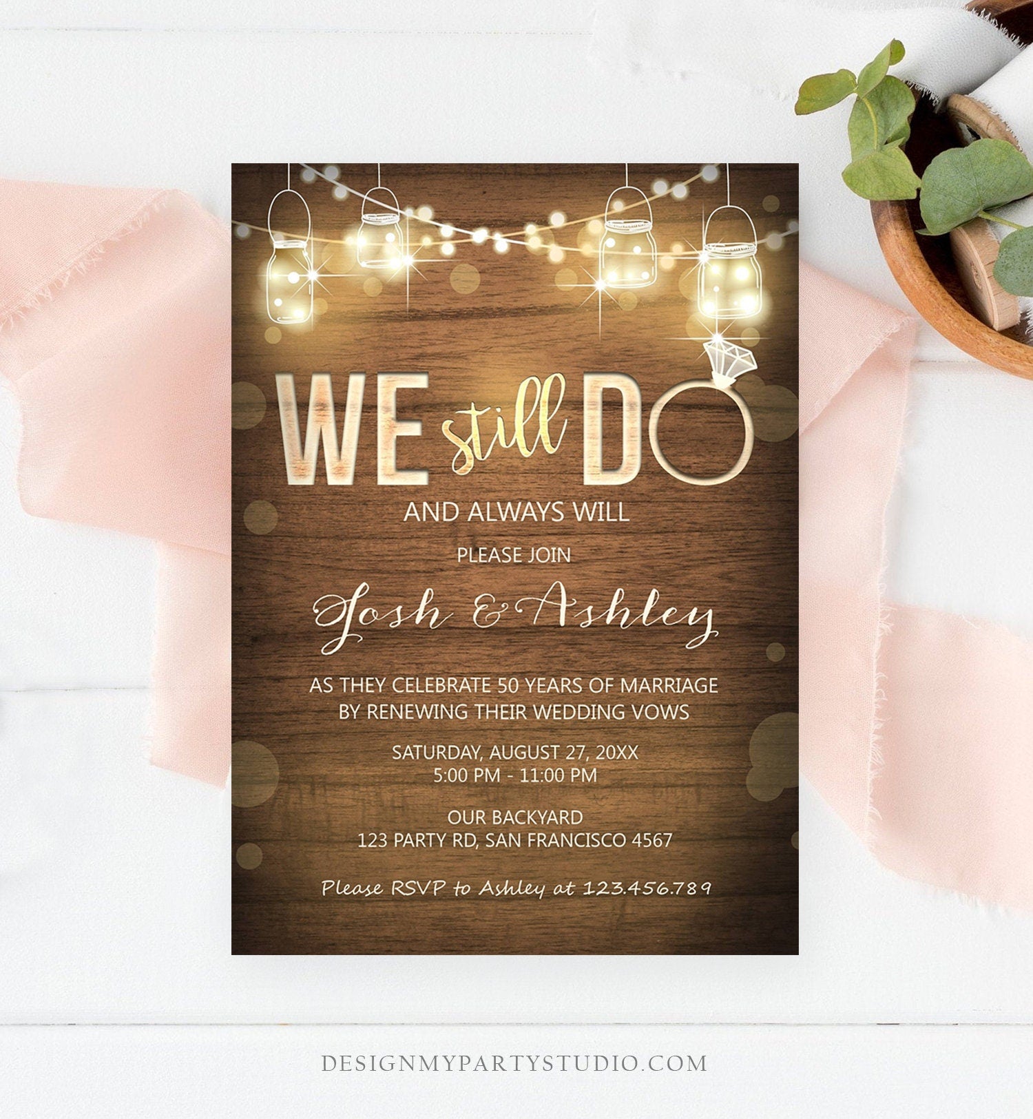 Editable We Still Do Wedding Anniversary Invitation Rustic Wood String Lights Jars Digital Digital Download Evite Template Printable 0015