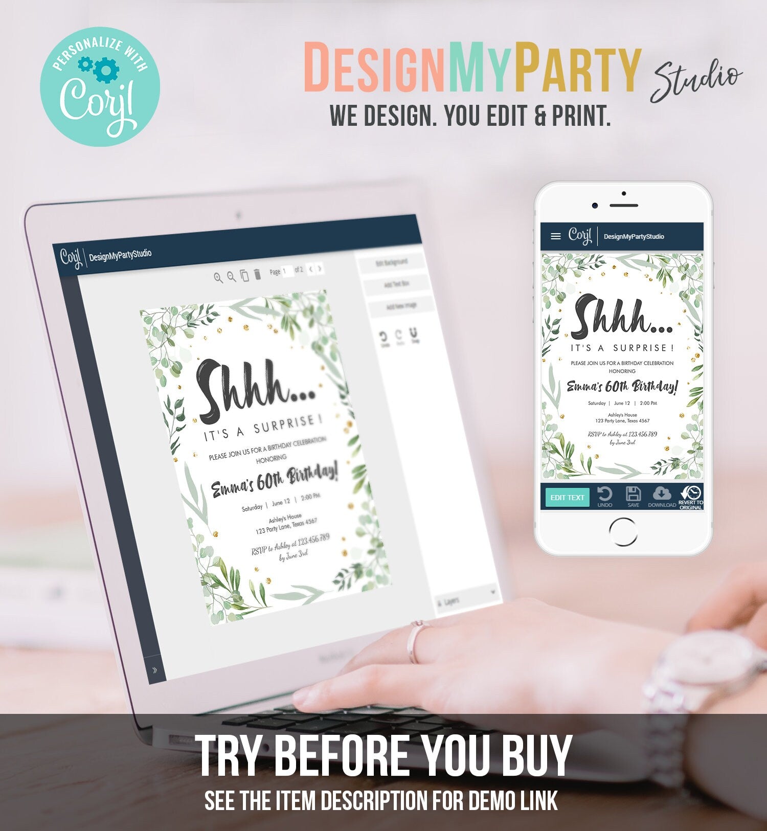 Editable Greenery Surprise Birthday Invitation ANY AGE Shhh Its It's A Surprise 30th 50th 60th Birthday Party Corjl Template Printable 0253