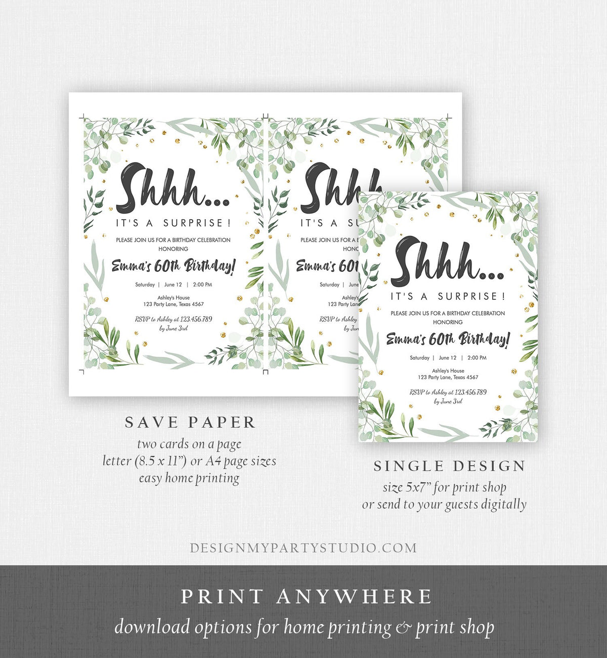 Editable Greenery Surprise Birthday Invitation ANY AGE Shhh Its It&#39;s A Surprise 30th 50th 60th Birthday Party Corjl Template Printable 0253