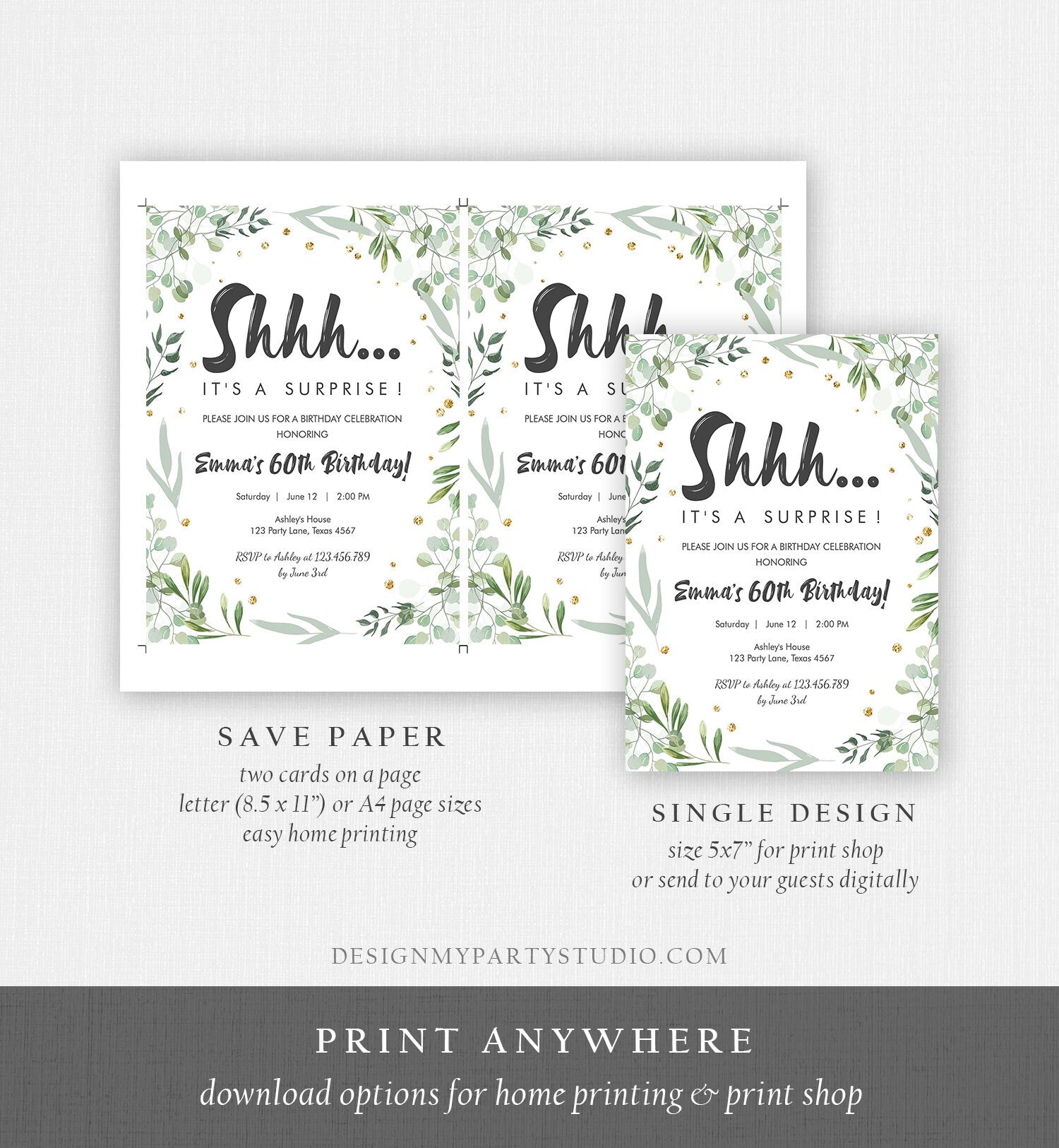 Editable Greenery Surprise Birthday Invitation ANY AGE Shhh Its It's A Surprise 30th 50th 60th Birthday Party Corjl Template Printable 0253