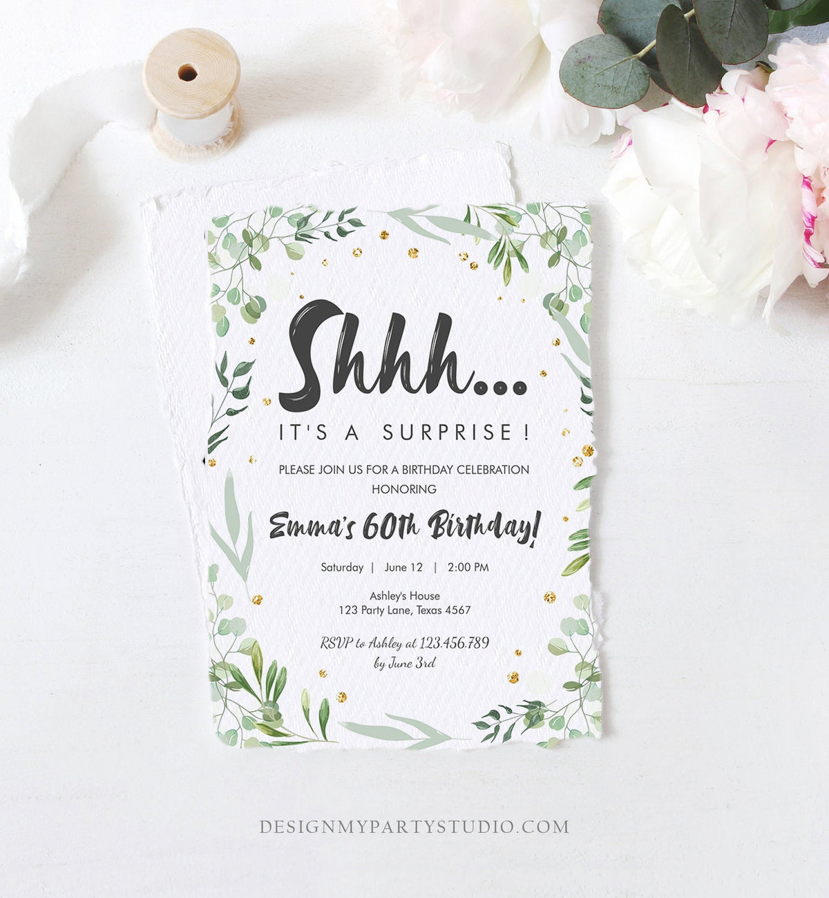 Editable Greenery Surprise Birthday Invitation ANY AGE Shhh Its It&#39;s A Surprise 30th 50th 60th Birthday Party Corjl Template Printable 0253
