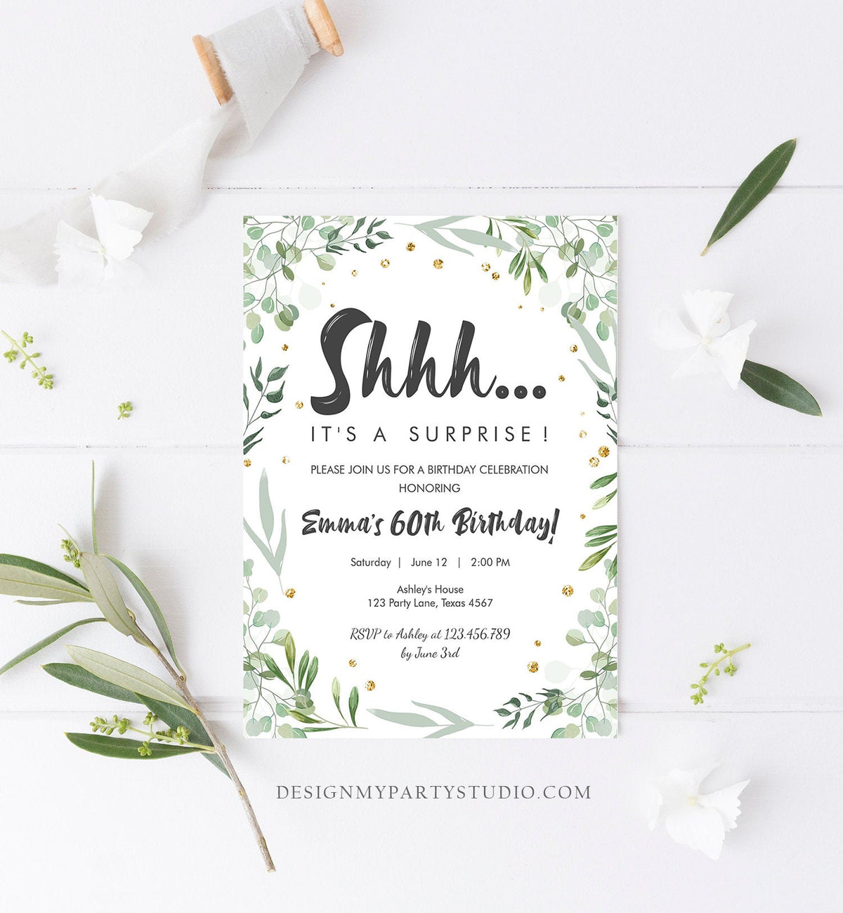 Editable Greenery Surprise Birthday Invitation ANY AGE Shhh Its It&#39;s A Surprise 30th 50th 60th Birthday Party Corjl Template Printable 0253