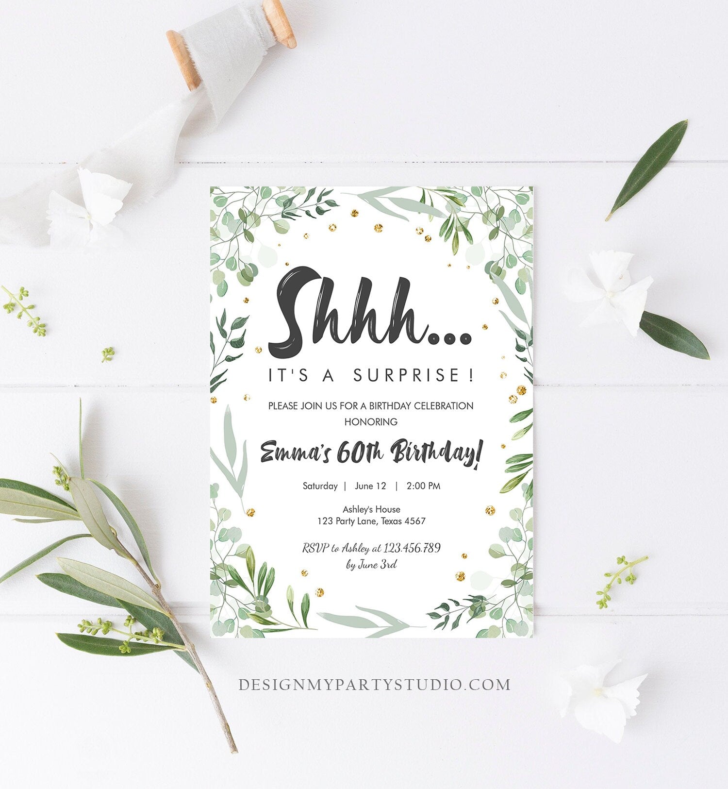 Editable Greenery Surprise Birthday Invitation ANY AGE Shhh Its It's A Surprise 30th 50th 60th Birthday Party Corjl Template Printable 0253