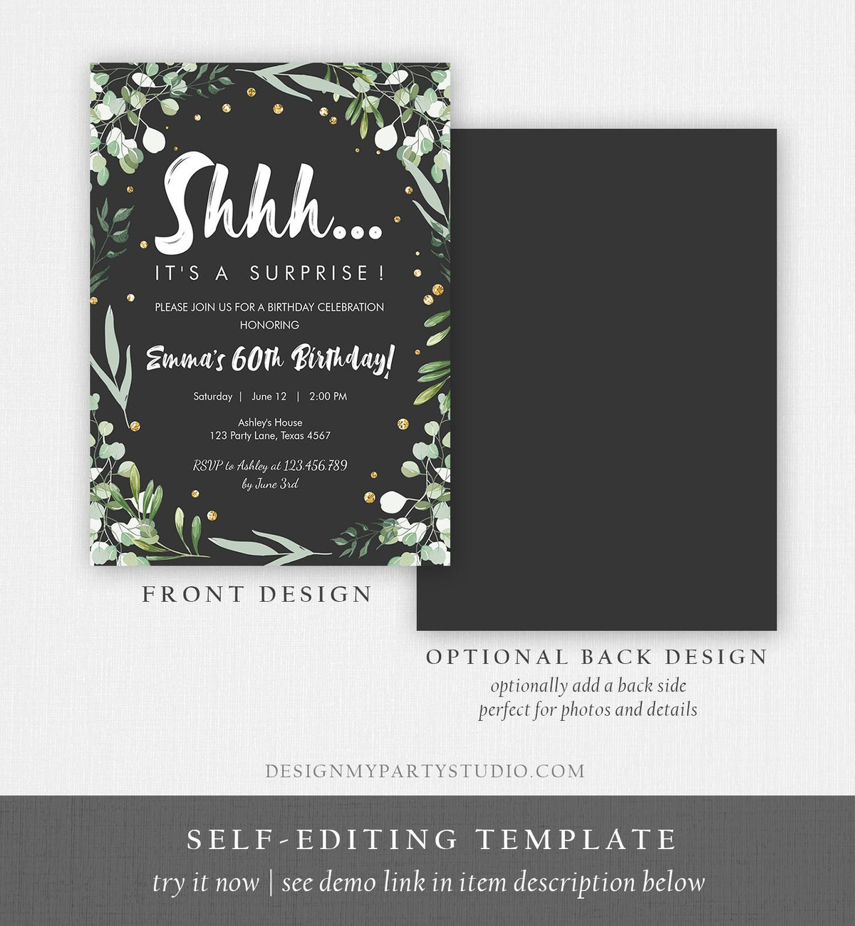 Editable Greenery Surprise Birthday Invitation ANY AGE Shhh Its It&#39;s a Surprise 30th 50th 60th Party Digital Evite Template Printable 0253