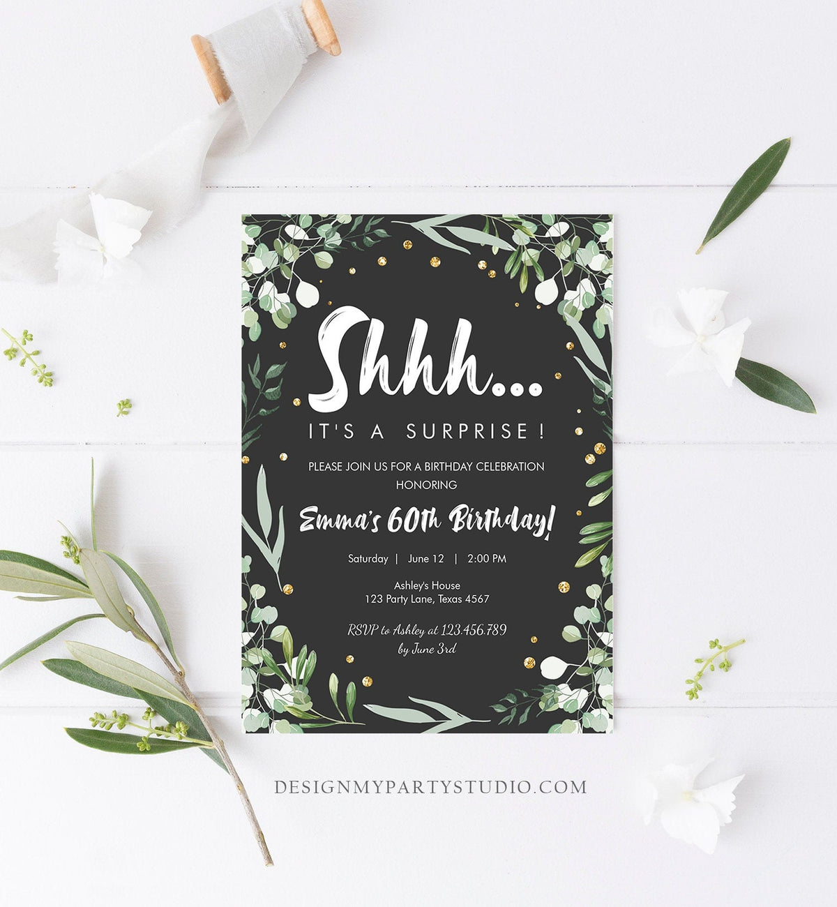 Editable Greenery Surprise Birthday Invitation ANY AGE Shhh Its It&#39;s a Surprise 30th 50th 60th Party Digital Evite Template Printable 0253
