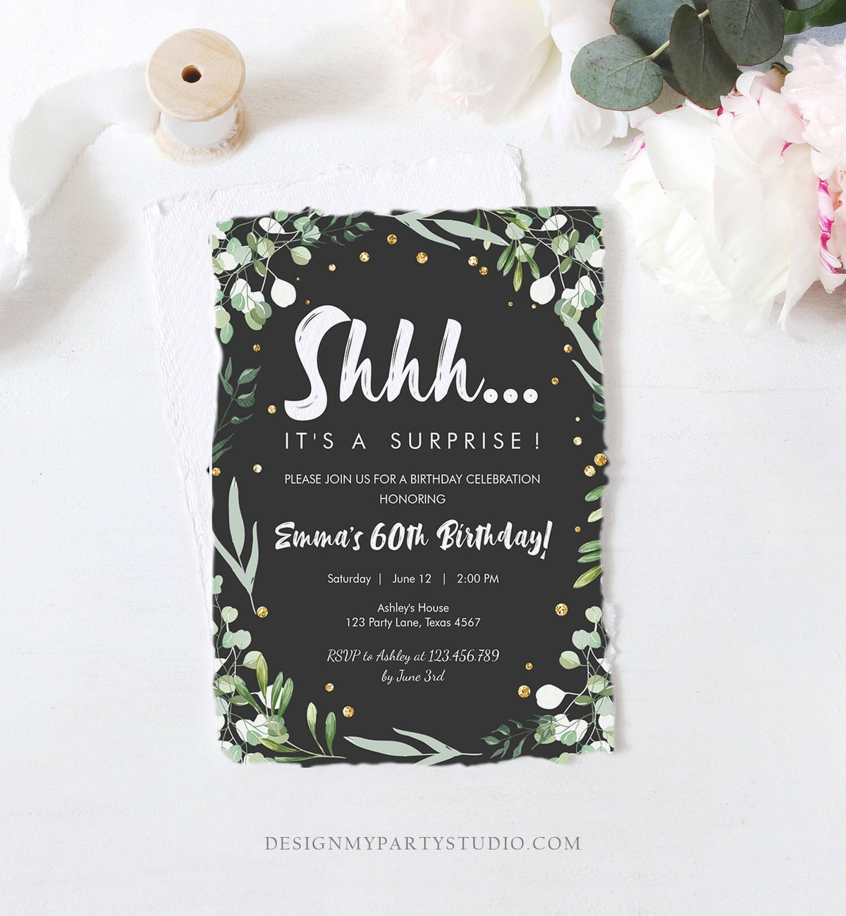 Editable Greenery Surprise Birthday Invitation ANY AGE Shhh Its It&#39;s a Surprise 30th 50th 60th Party Digital Evite Template Printable 0253