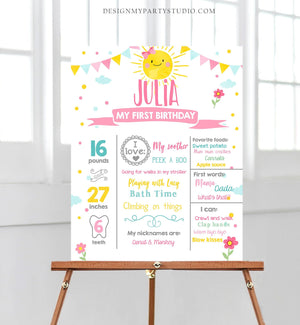 Editable Little Sunshine Birthday Milestones Sign Summer First Birthday 1st Birthday Girl Pink Bow Download Template Printable Corjl 0141