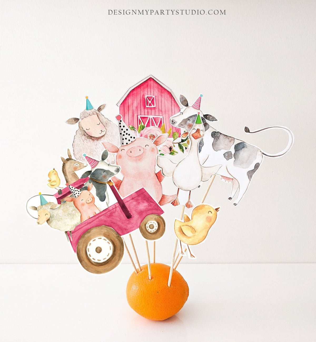 Printable Farm Centerpieces Farm Animals Birthday Party Farm Cake Topper Table Decor Barnyard Party Pink Tractor Girl DIY Digital 0155