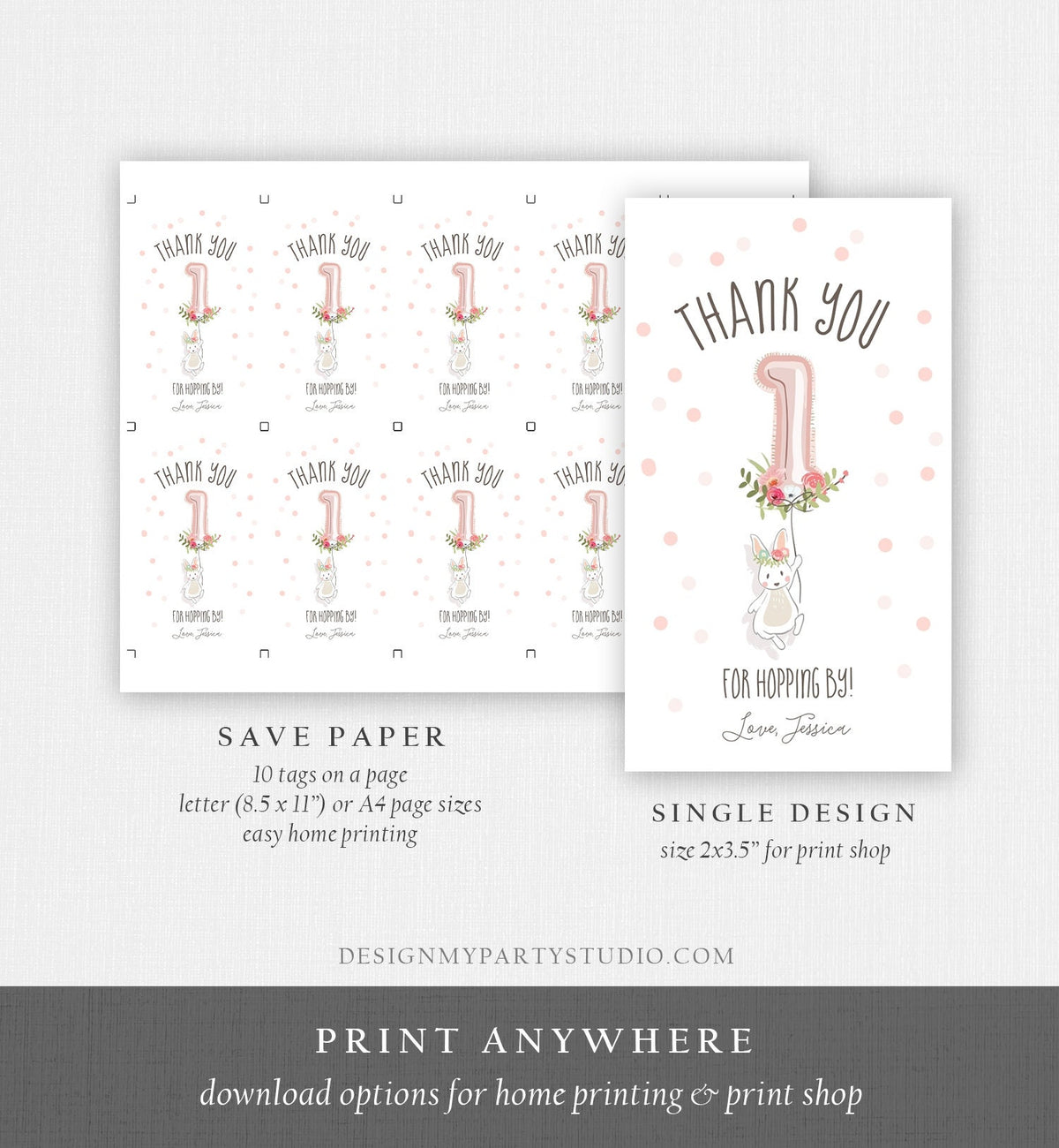 Editable Bunny Favor tags Birthday Thank you tag Hopping by Bunny Labels Bunny Balloon 1st Birthday Girl Pink Template Corjl PRINTABLE 0117