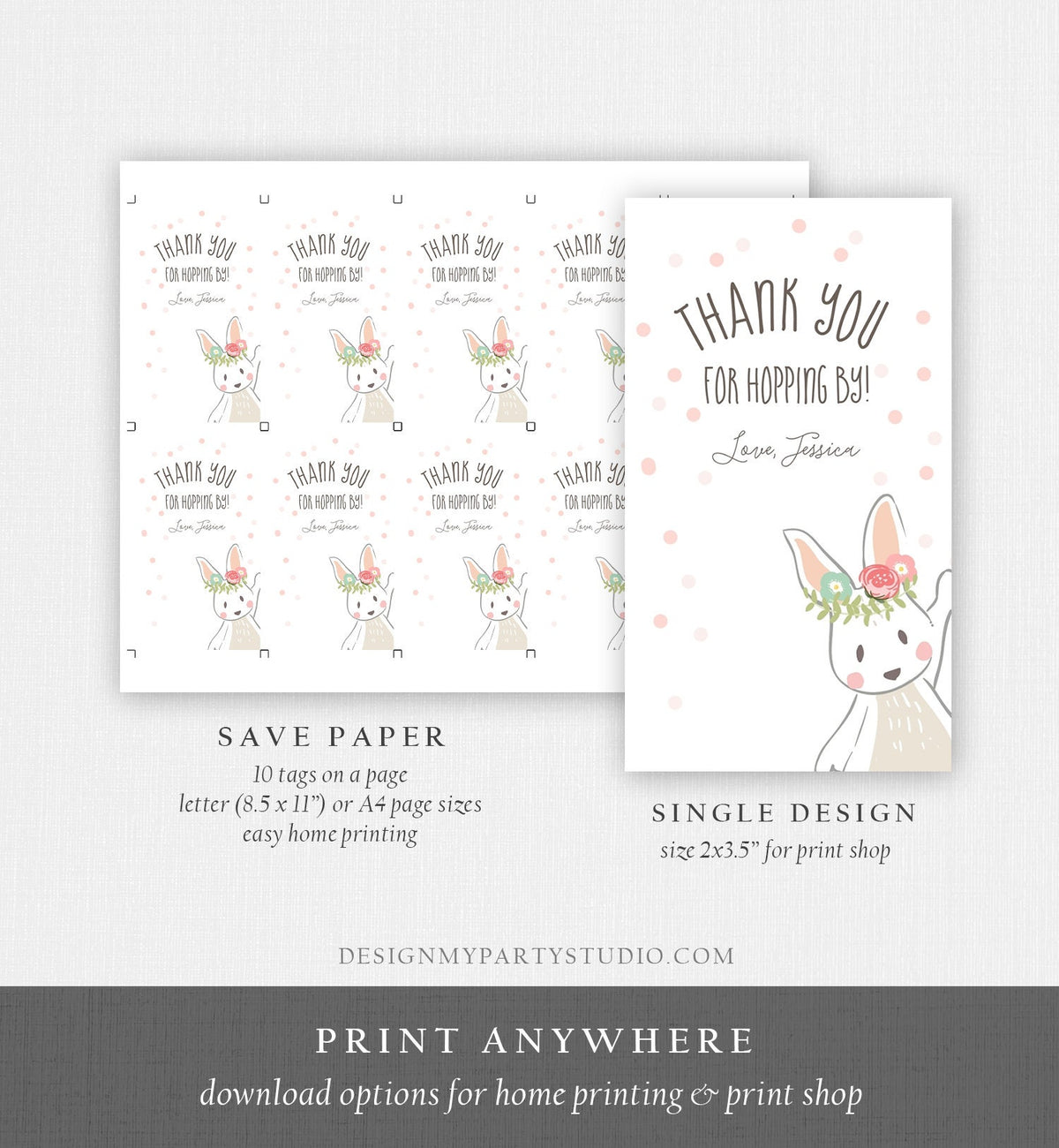 Editable Bunny Favor tags Birthday Thank you tag Hopping by Bunny Labels Bunny Balloon 1st Birthday Girl Pink Template Corjl PRINTABLE 0117