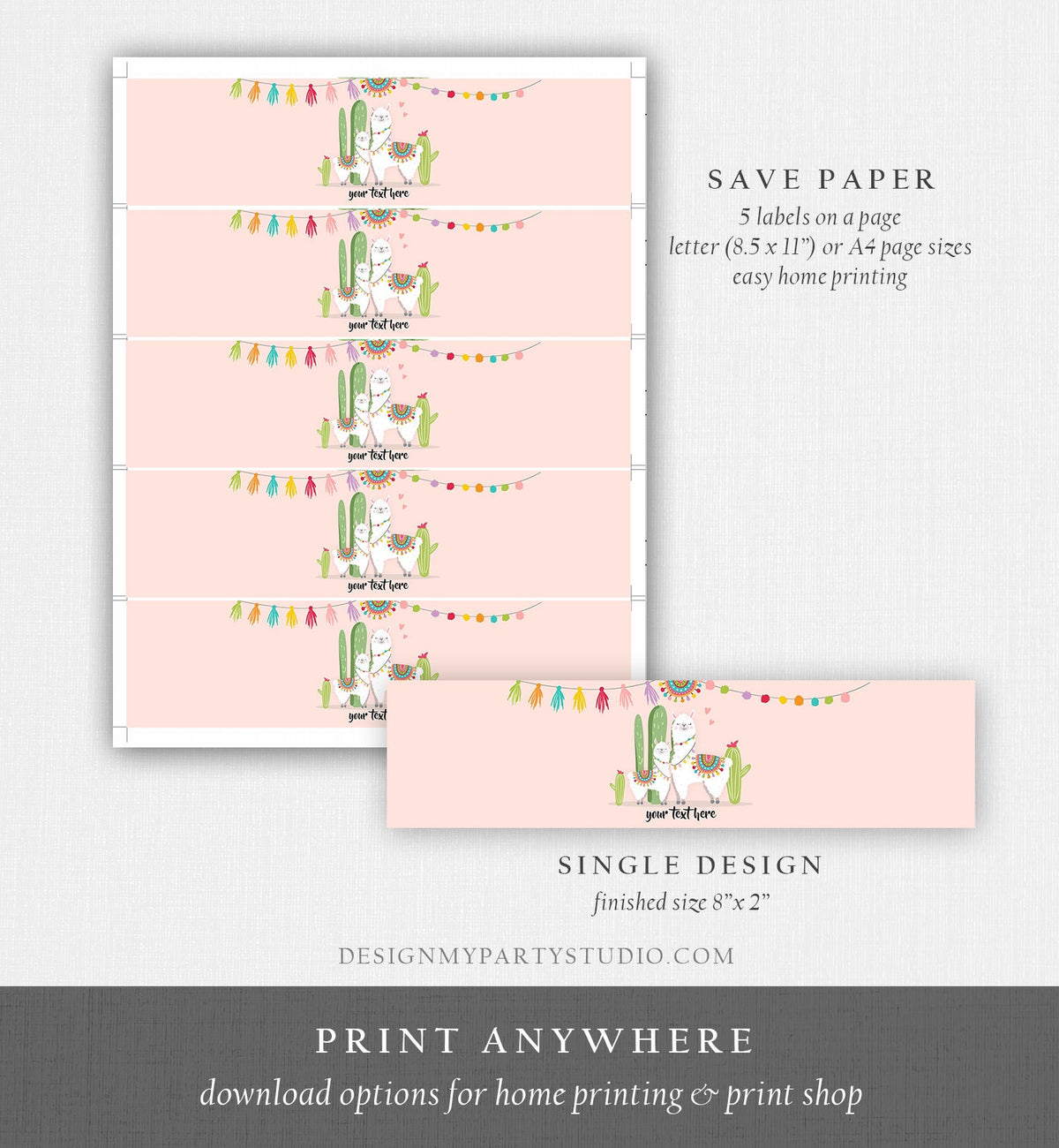 Editable Water Bottle Labels Llama Baby Shower Girl Cactus Pink Succulent Fiesta Mexican Printable Bottle Labels Template Corjl 0079