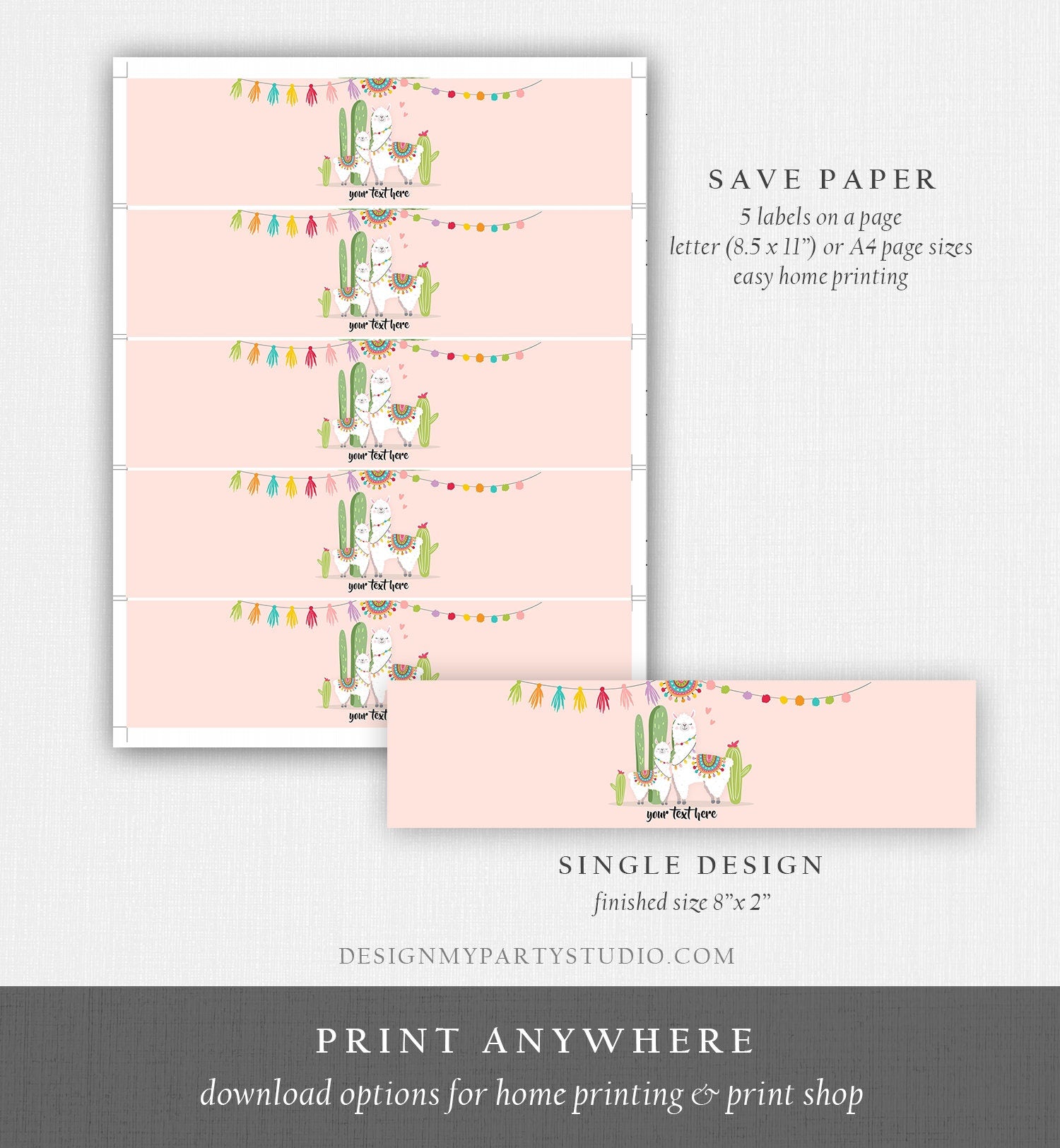 Editable Water Bottle Labels Llama Baby Shower Girl Cactus Pink Succulent Fiesta Mexican Printable Bottle Labels Template Corjl 0079