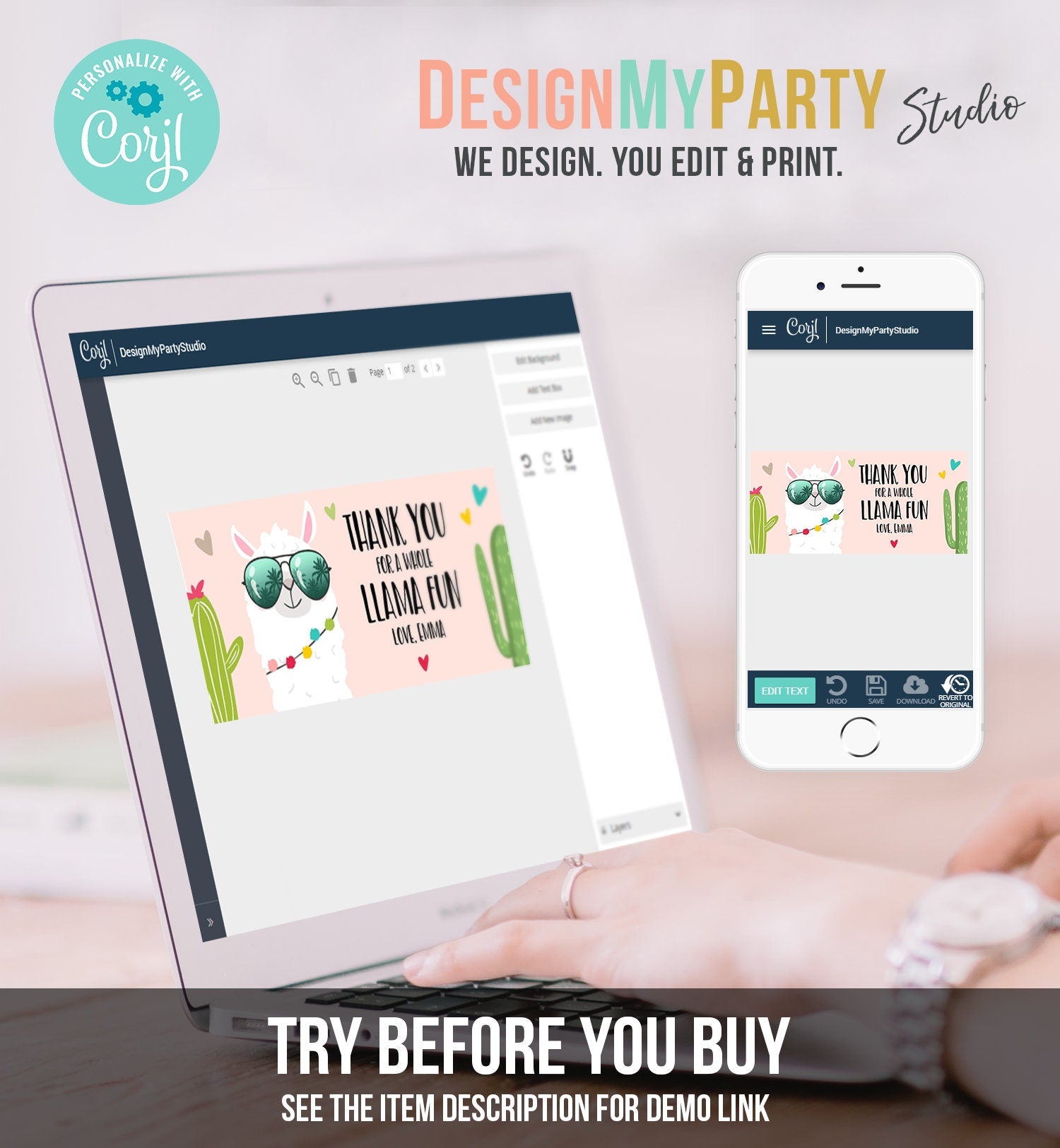 Editable Llama Treat Bag Toppers Llama Birthday Girl Pink Thank you Whole Llama Fun Loot Bag Topper Favor Fiesta PRINTABLE Corjl 0079