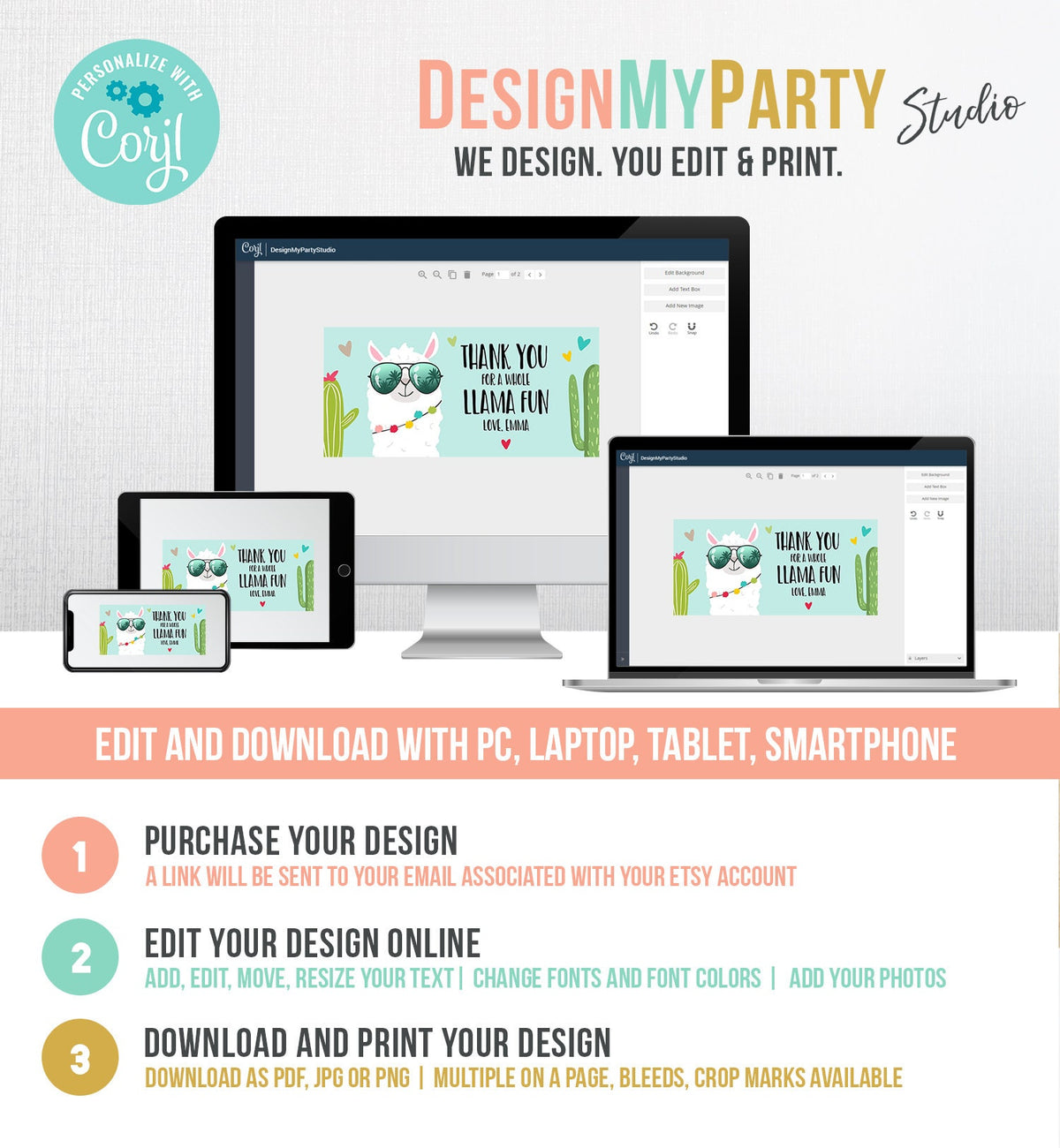 Editable Llama Treat Bag Toppers Llama Birthday Thank you Blue Whole Llama Fun Loot Bag Topper Favor Fiesta Template PRINTABLE Corjl 0079