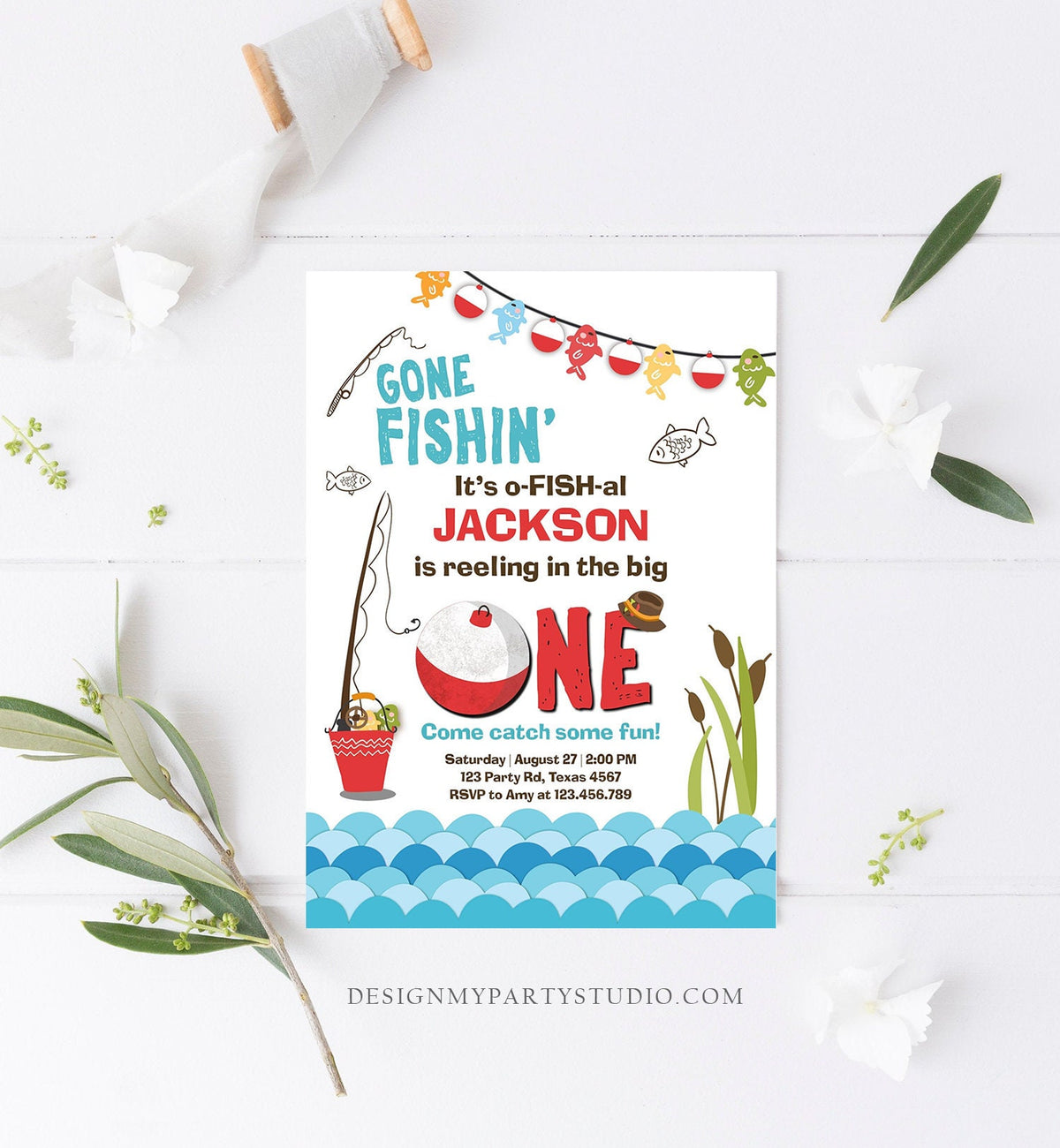Editable First Birthday Fishing Invitation Fishing Party The Big One O-fish-al Gone Fishing Digital Download Evite Template Printable 0080