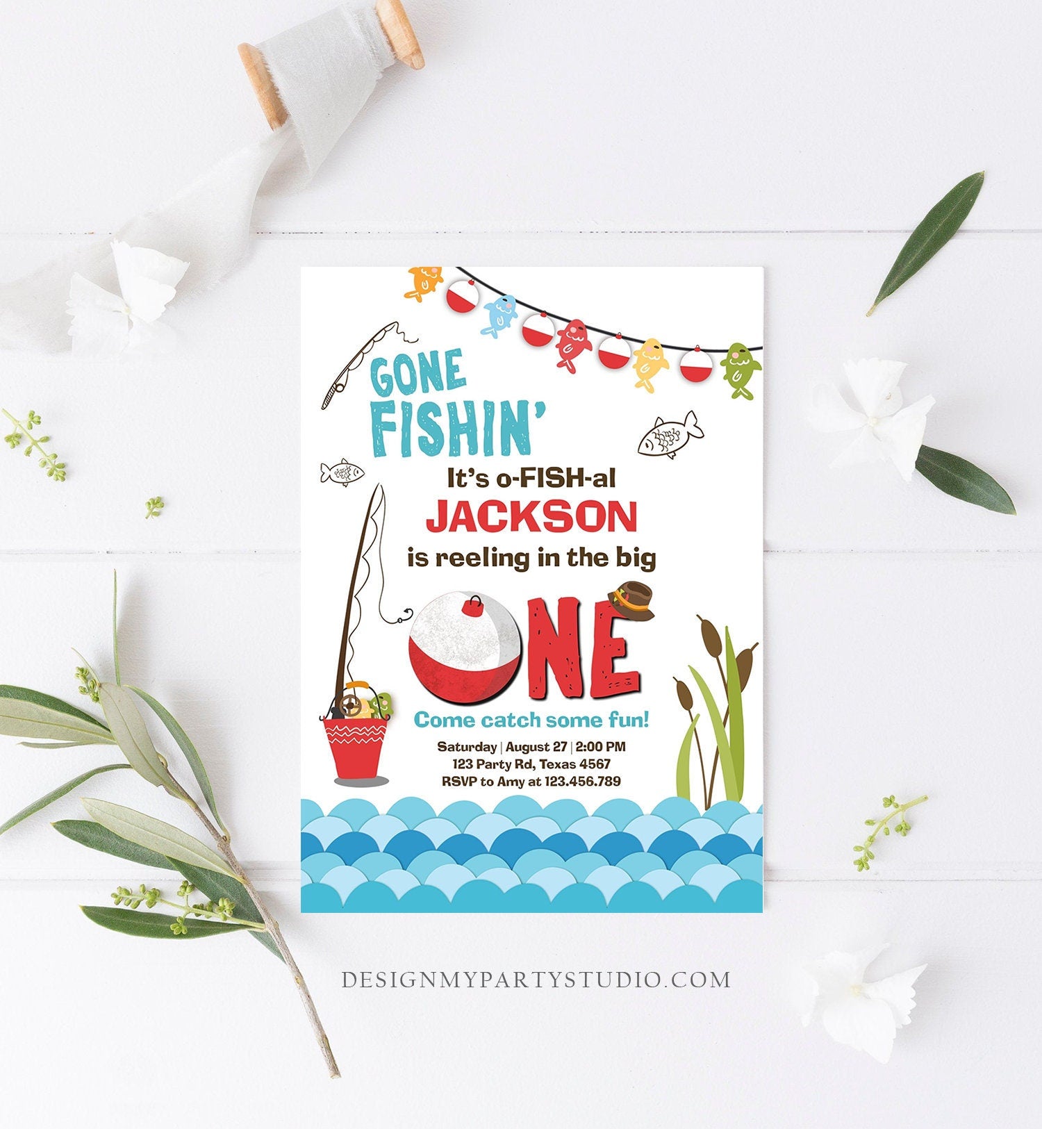 Editable First Birthday Fishing Invitation Fishing Party The Big One O-fish-al Gone Fishing Digital Download Evite Template Printable 0080