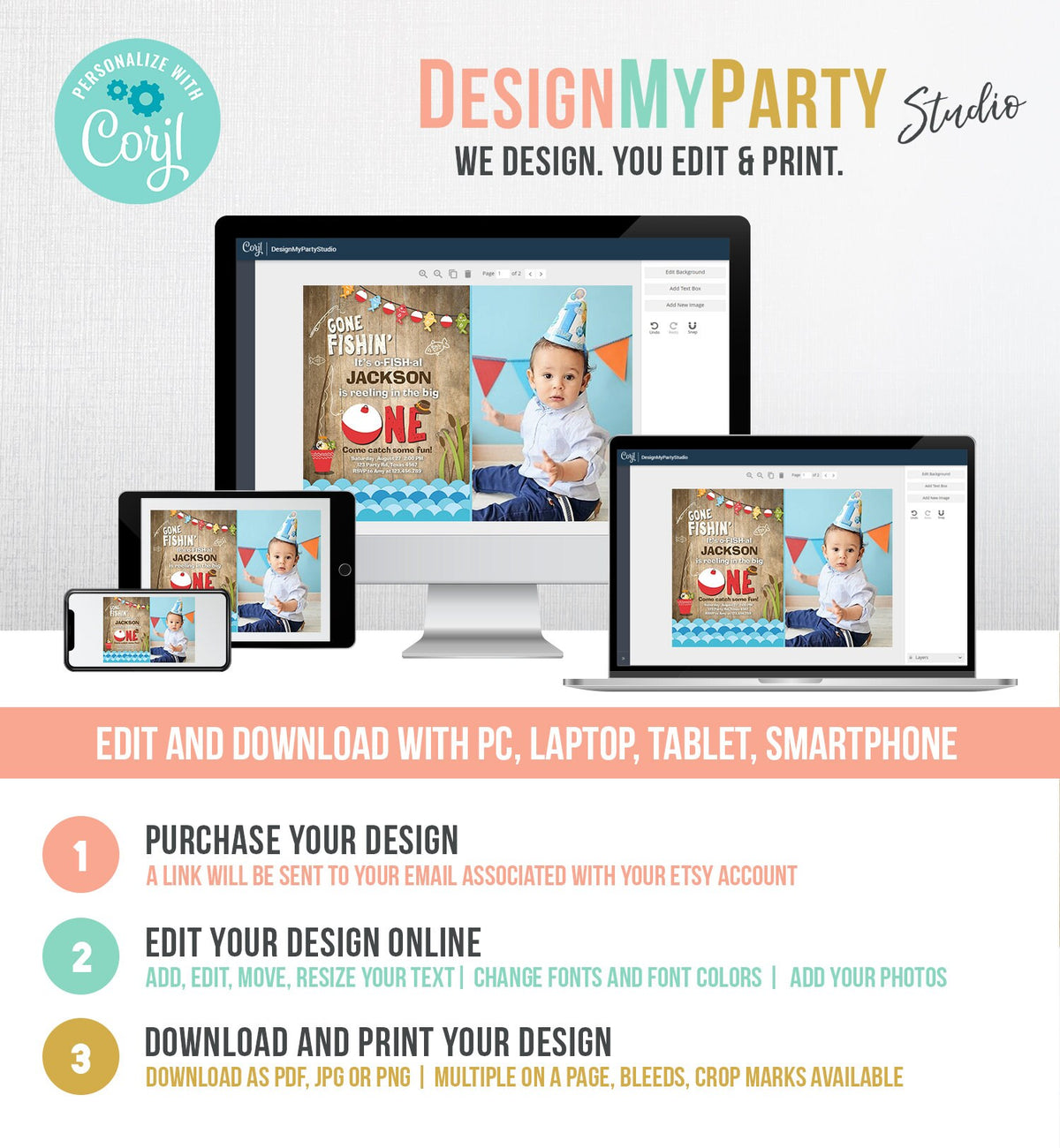 Editable First Birthday Fishing Invitation Fishing Party The Big One O-fish-al Gone Fishing Boy Wood Download Printable Template Corjl 0080