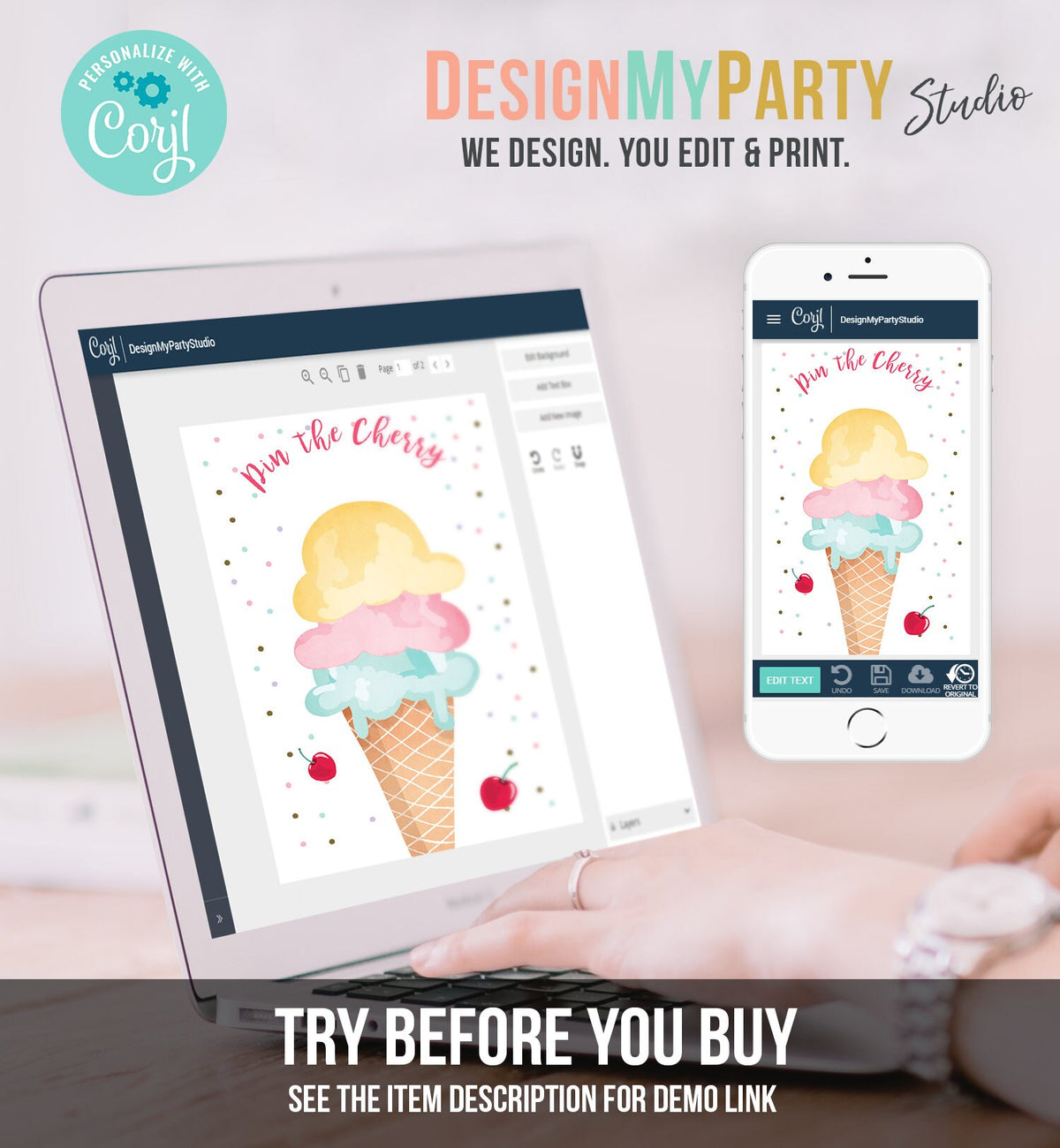 Editable Pin the Cherry on The Ice Cream Game Ice Cream Birthday Game Summer Cone Decor Instant Download Printable Digital Corjl 0243