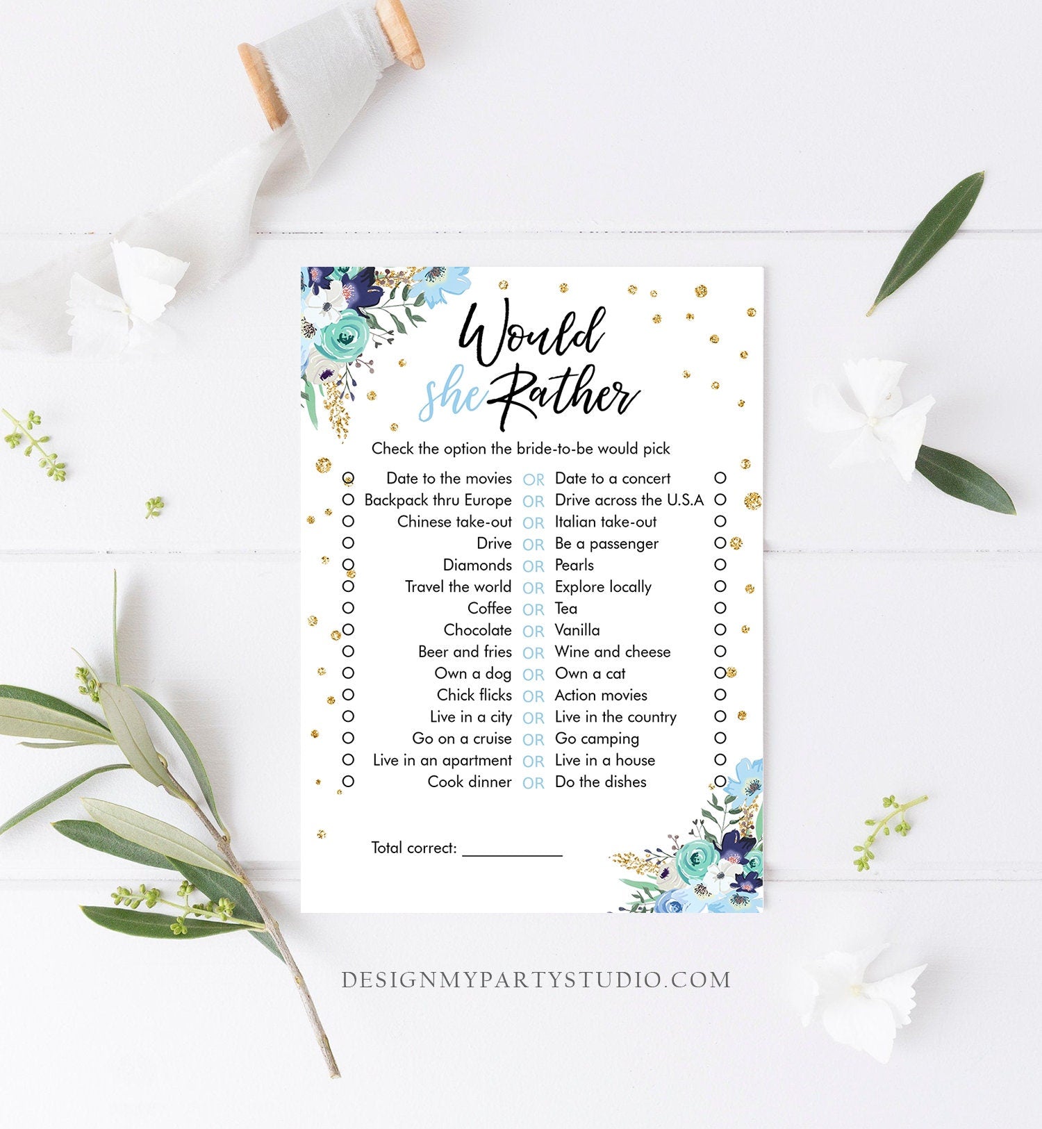 Editable Would She Rather Bridal Shower Game Wedding Shower Activity Floral Blue Gold Confetti Party Corjl Template Printable 0030
