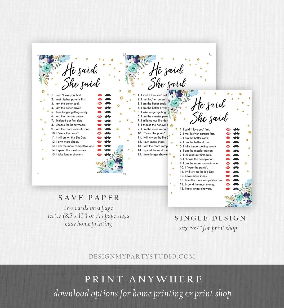 Editable He Said She Said Bridal Shower Game Floral Bride or Groom Wedding Shower Activity Who said it Phrase Corjl Printable 0030
