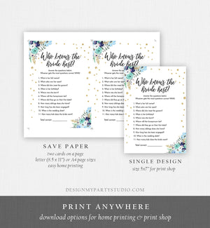 Editable Who Knows the Bride Best Bridal Shower Game Wedding Shower Activity Floral Blue Gold Confetti Corjl Template Printable 0030
