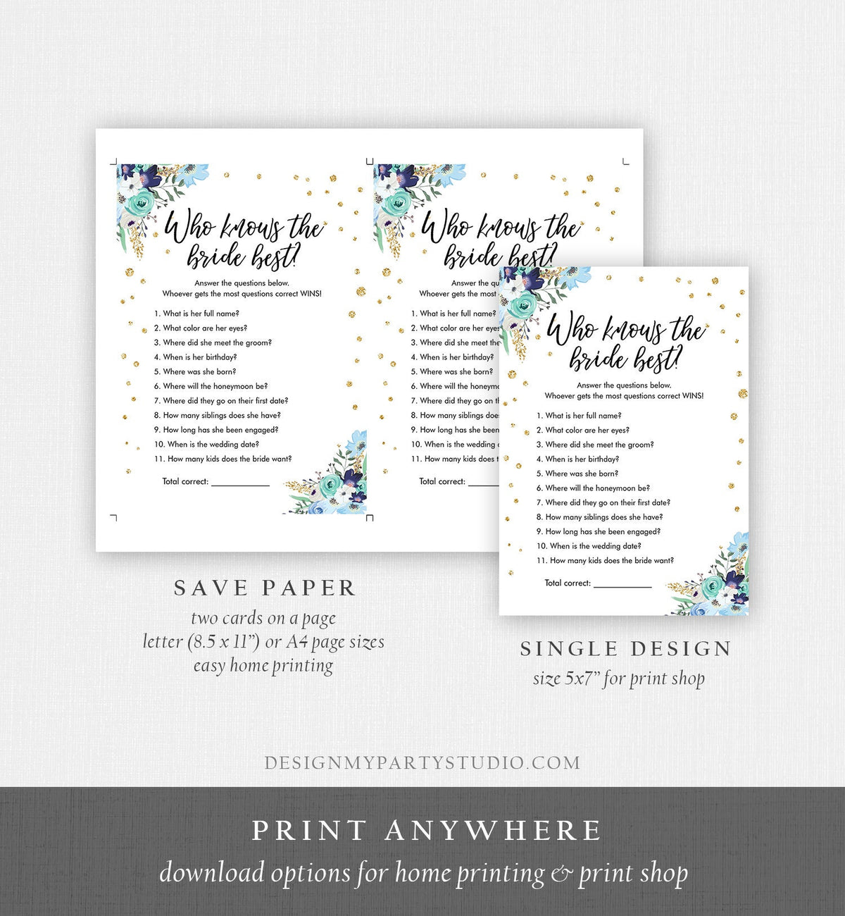 Editable Who Knows the Bride Best Bridal Shower Game Wedding Shower Activity Floral Blue Gold Confetti Corjl Template Printable 0030
