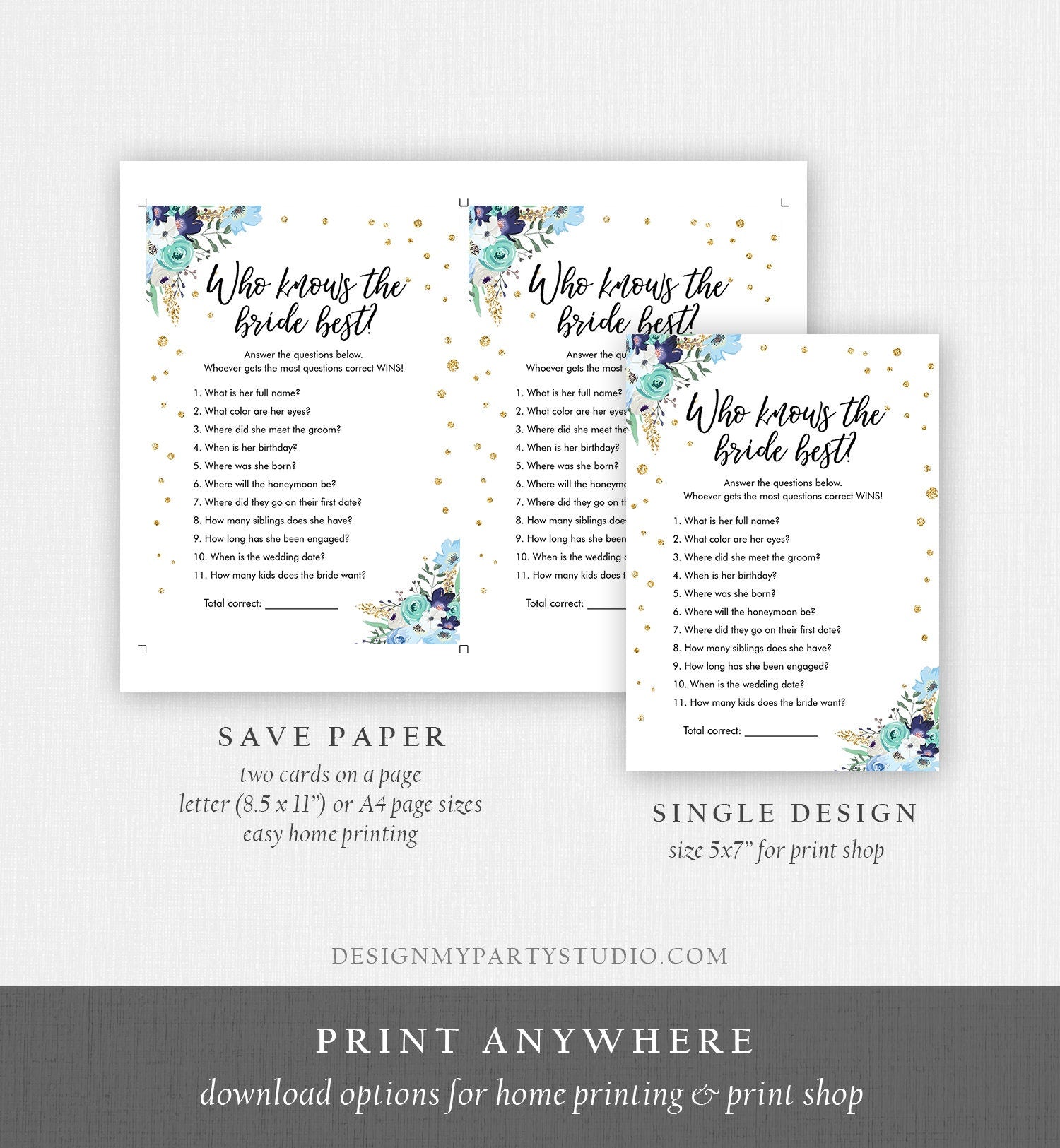 Editable Who Knows the Bride Best Bridal Shower Game Wedding Shower Activity Floral Blue Gold Confetti Corjl Template Printable 0030