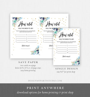 Editable How Old Was The Bride-to-Be Bridal Shower Game Wedding Shower Activity Floral Blue Gold Confetti Corjl Template Printable 0030