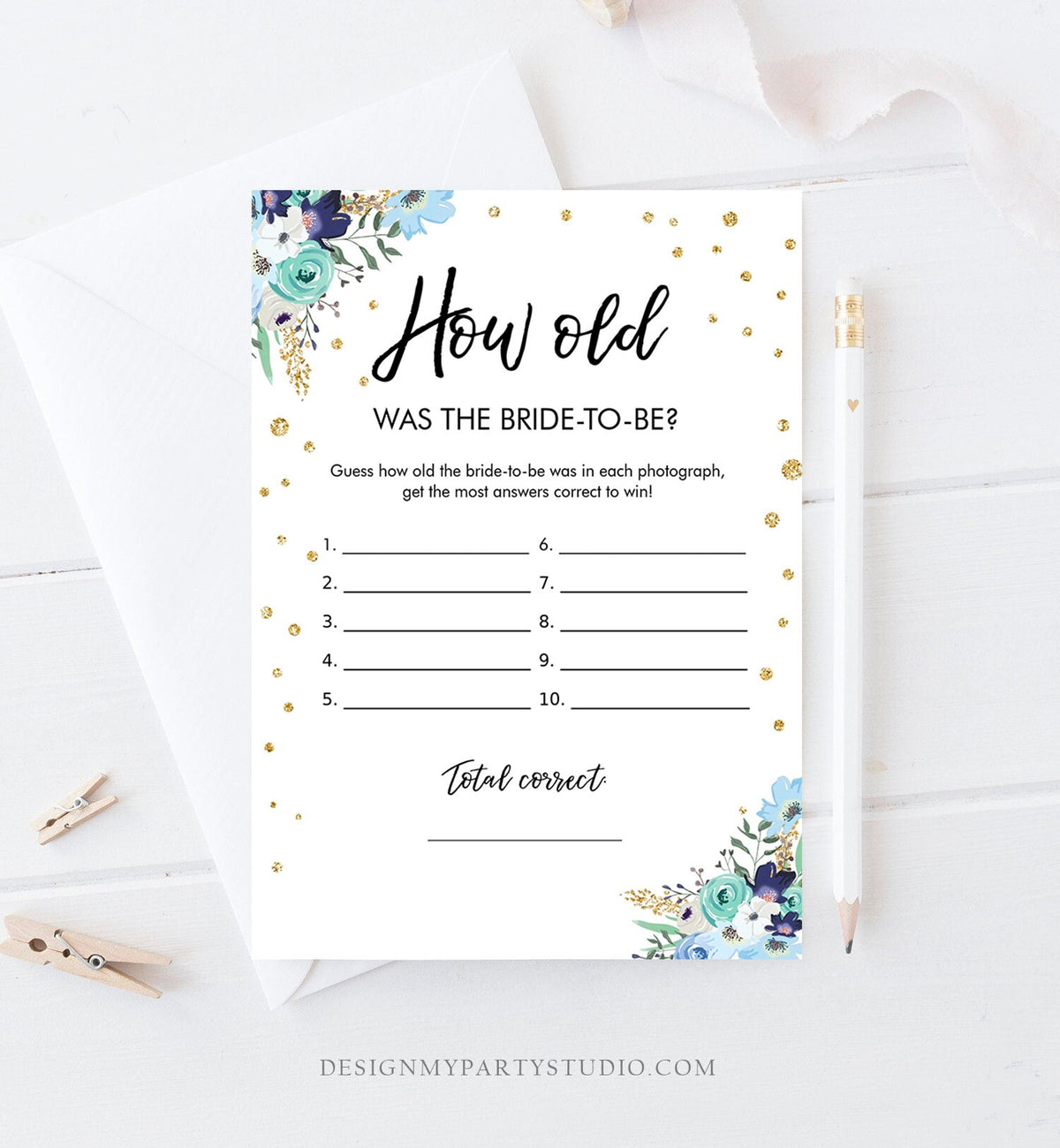 Editable How Old Was The Bride-to-Be Bridal Shower Game Wedding Shower Activity Floral Blue Gold Confetti Corjl Template Printable 0030