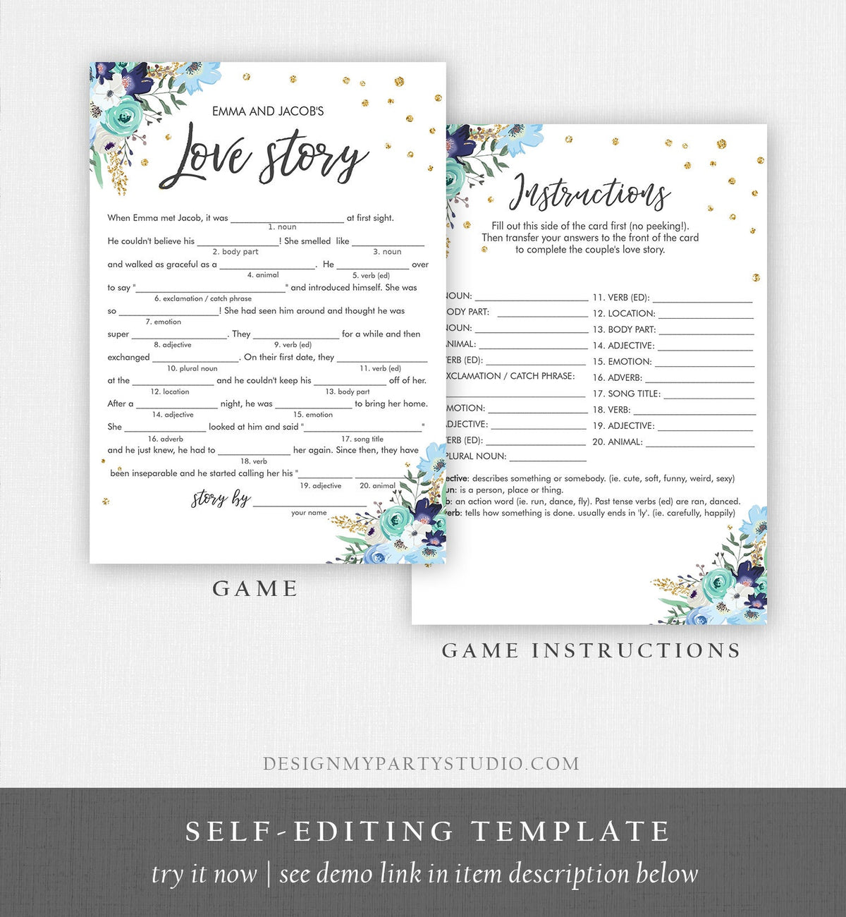Editable Love Story Bridal Shower Game Funny Blue Floral Gold Confetti Shower Activity Wedding Foliage Download Corjl Template 0030