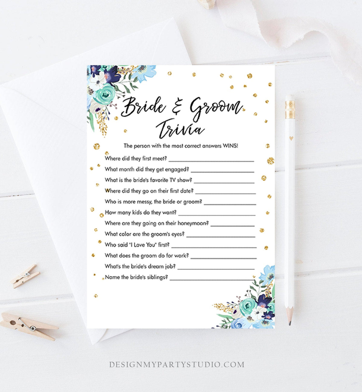 Editable Travel Floral Bridal Shower Games Bundle Wedding Shower Activity Blue Gold Confetti Traveling to Mrs Corjl Template Printable 0030