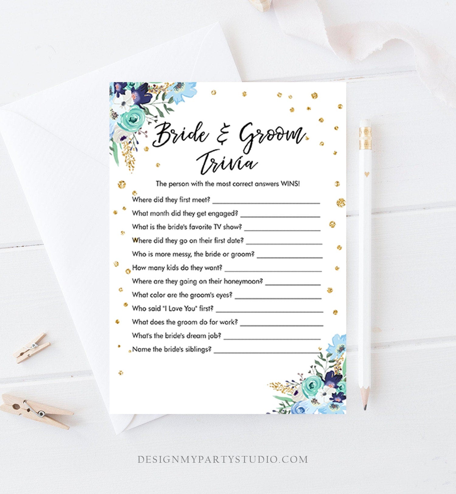 Editable Travel Floral Bridal Shower Games Bundle Wedding Shower Activity Blue Gold Confetti Traveling to Mrs Corjl Template Printable 0030