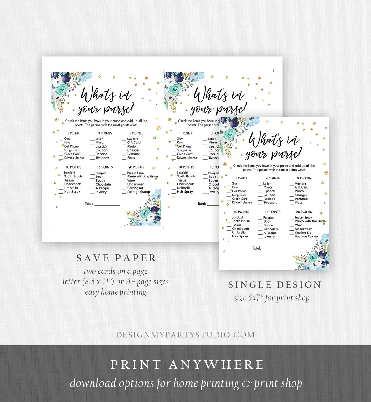Editable What&#39;s in Your Purse Bridal Shower Game Wedding Shower Activity Blue Floral Gold Confetti Flowers Corjl Template Printable 0030