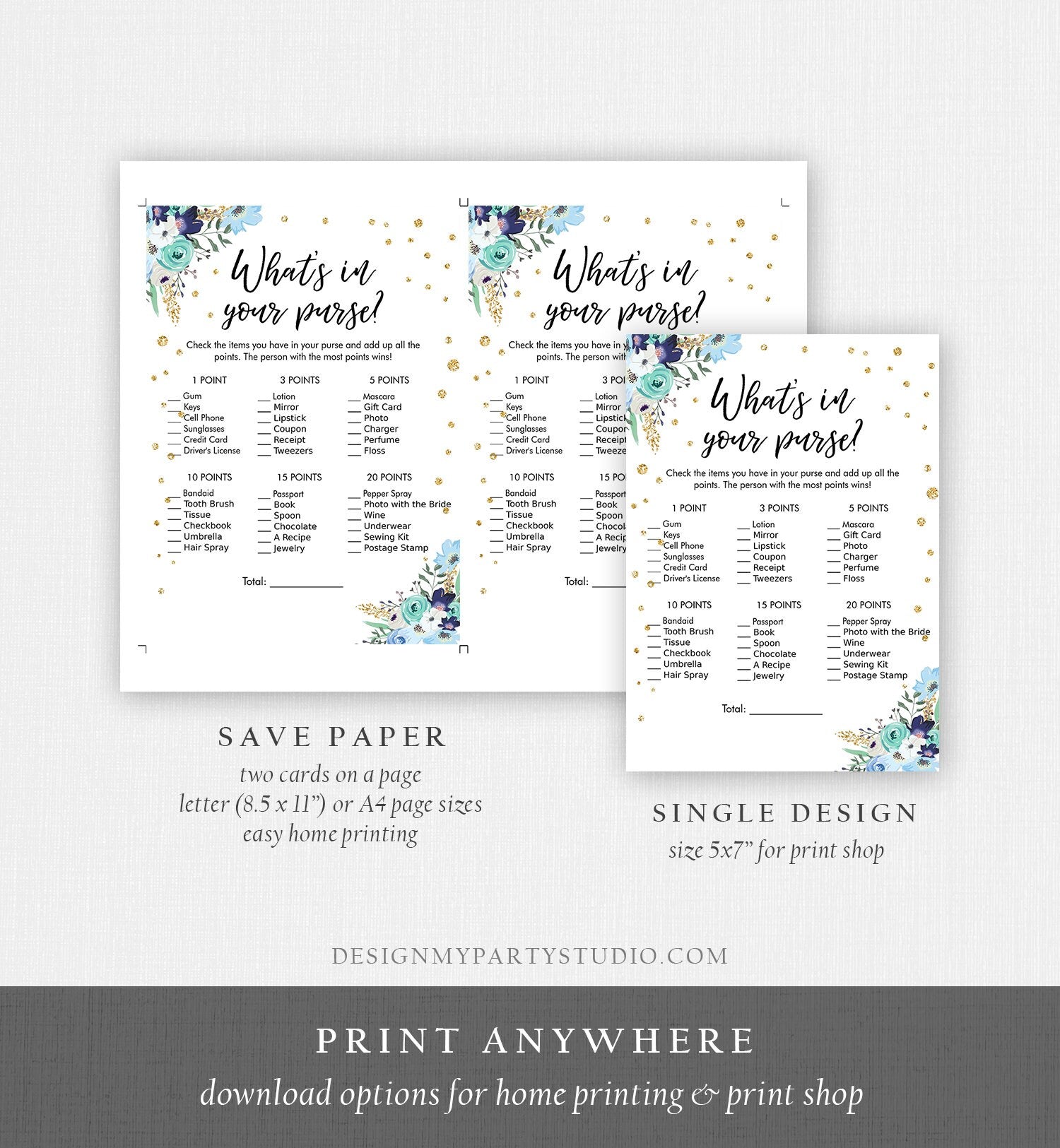 Editable What's in Your Purse Bridal Shower Game Wedding Shower Activity Blue Floral Gold Confetti Flowers Corjl Template Printable 0030