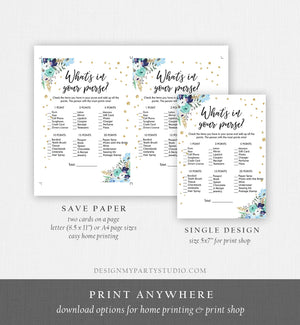 Editable What's in Your Purse Bridal Shower Game Wedding Shower Activity Blue Floral Gold Confetti Flowers Corjl Template Printable 0030